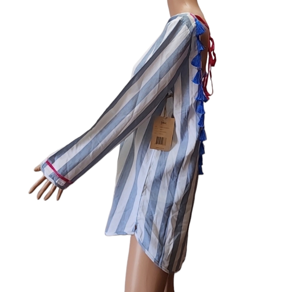 Soleil striped cotton open back mini beach dress cover up tassel trim white blue - Picture 6 of 10
